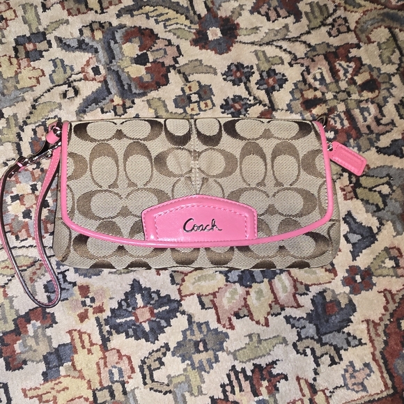 Y2k Signature C Coach Wristlet With Pink Leather Trim.